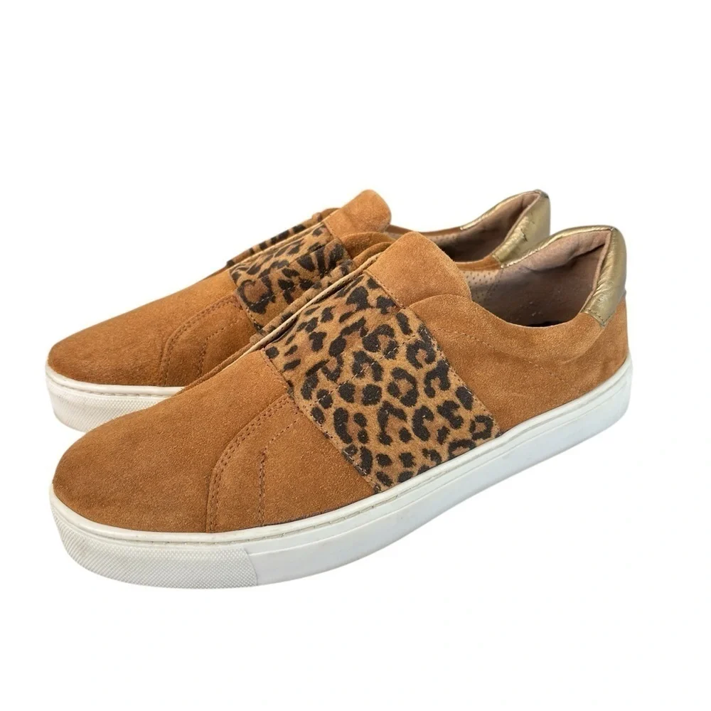 THE FLEXX Womens 9 Suede Leather Slip On Sneakers COMMUTER Flats TAN LEOPARD